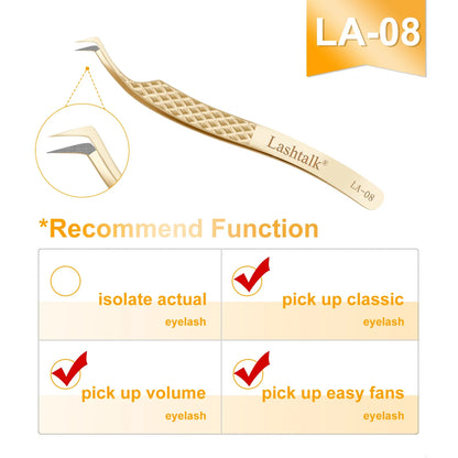 Lashtalk Precision Fiber Tip Tweezer - Diamond Grip Anti-Slip Gold Stainless Steel for Eyelash Extensions Makeup by Nagaraku