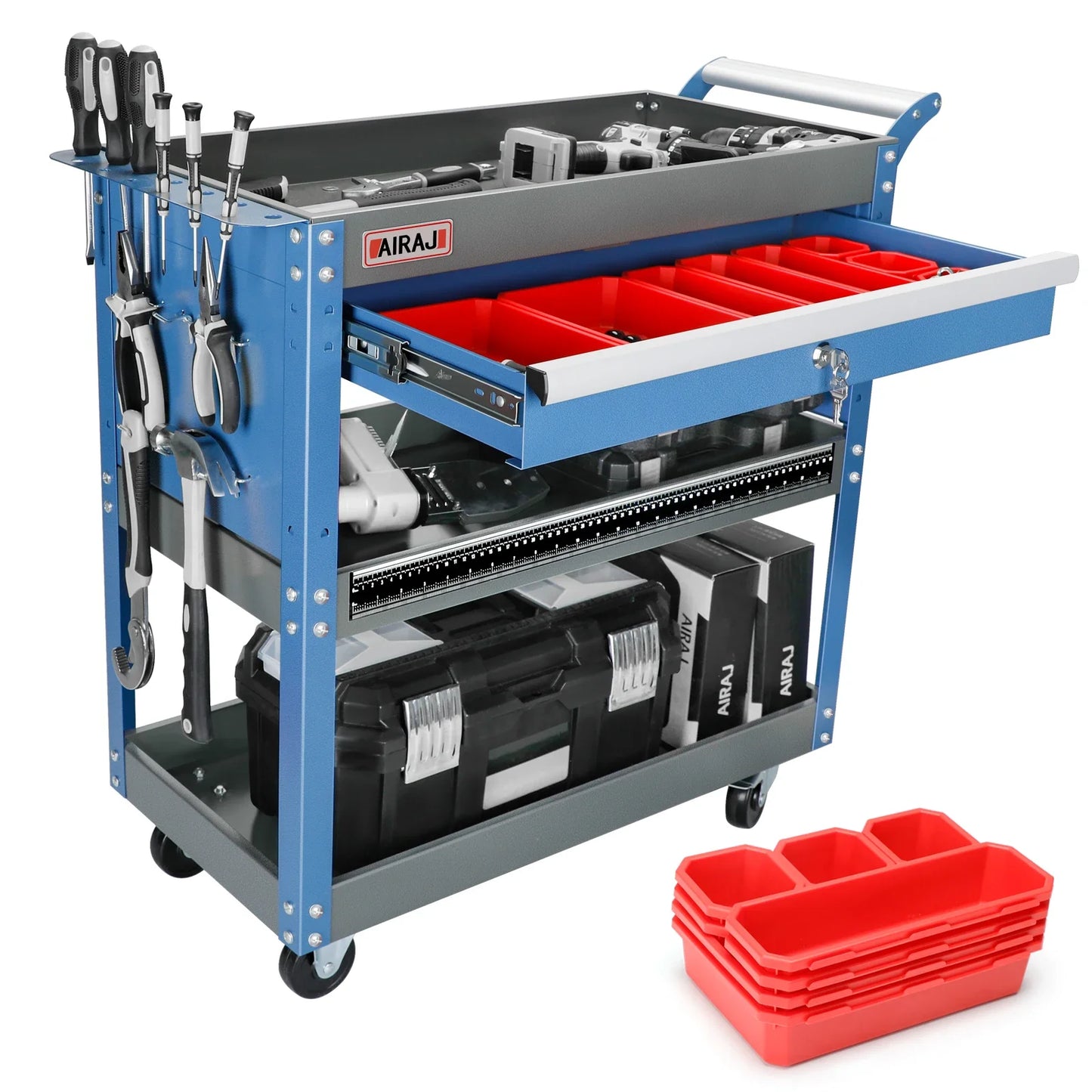 AIRAJ 3-Tier Rolling Tool Cart – 440LBS Capacity Mechanic Storage Cart on Wheels for Garage & Warehouse, Blue