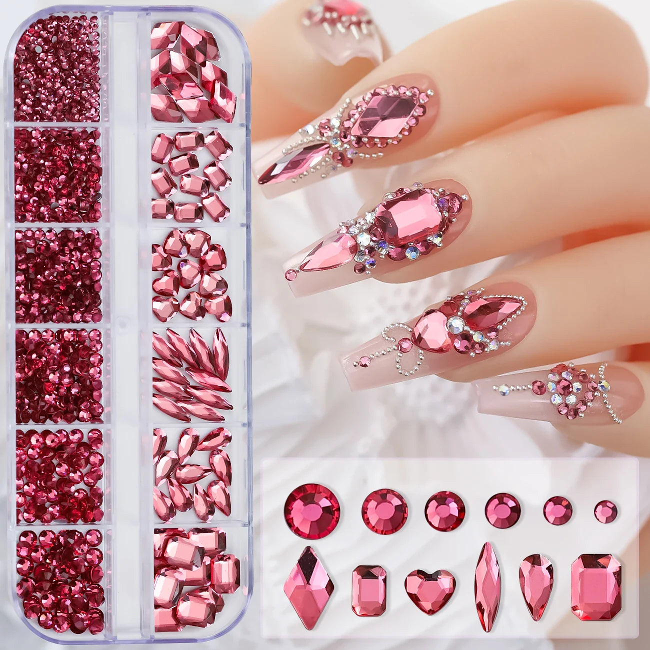 12-Grid 3D Glass AB Crystal Nail Art Rhinestones Kit – Flatback Round Beads with Tools for Nail Jewelry & Diamond Decoration