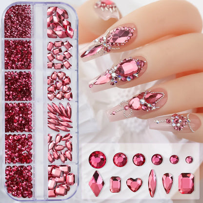 12-Grid 3D Glass AB Crystal Nail Art Rhinestones Kit – Flatback Round Beads with Tools for Nail Jewelry & Diamond Decoration