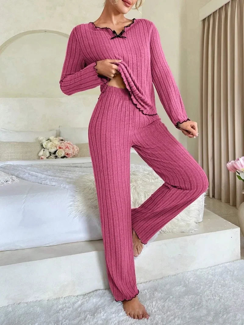 Women’s Autumn & Winter Ribbed Pajama Set – Long-Sleeve Top and Pants, 2-Piece Casual Homewear Loungewear