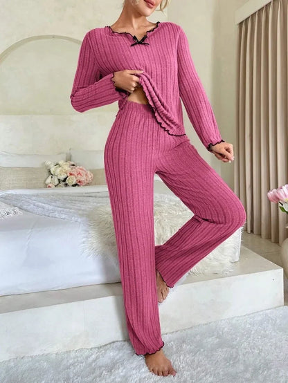 Women’s Autumn & Winter Ribbed Pajama Set – Long-Sleeve Top and Pants, 2-Piece Casual Homewear Loungewear