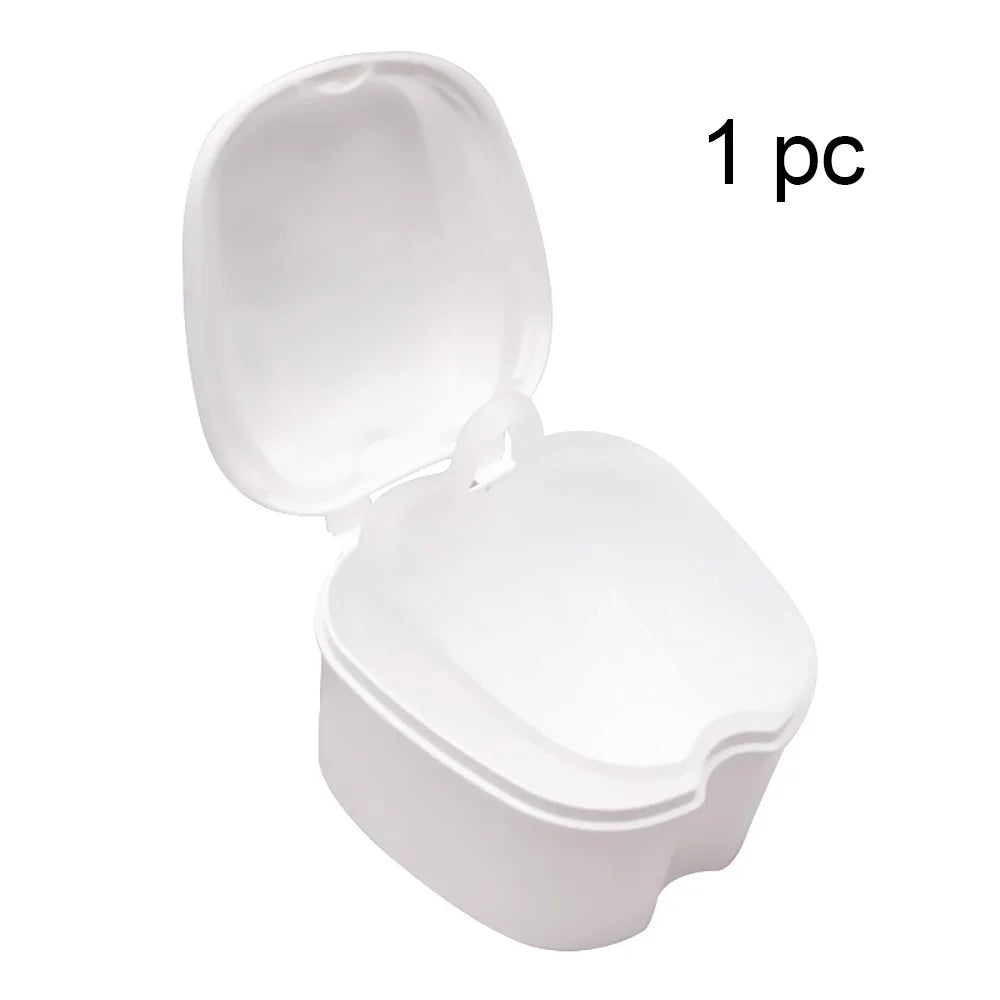 Denture Cleaning & Storage Box - False Teeth Organizer with Hanging Net for Dental Appliance Soaking and Care