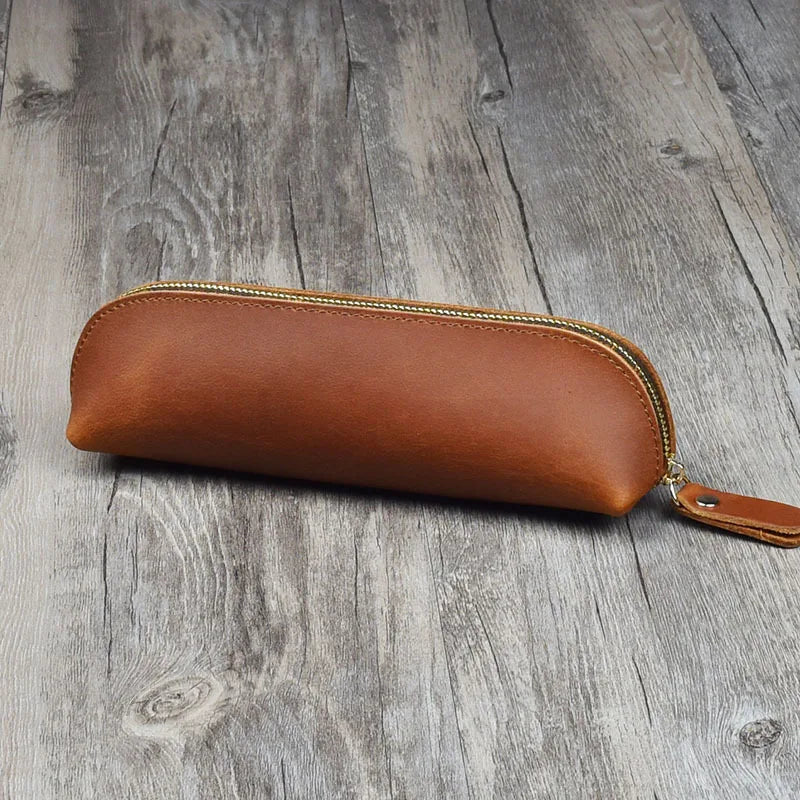 Vintage Leather Pencil Bag – Simple Zipper Pen Case & Stationery Holder Pouch for School Supplies, Glasses & Storage