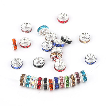 50PCS Rhinestone Spacer Beads Set – Multi-Color Crystal Rondelle Metal Beads for DIY Jewelry & Bracelet Making