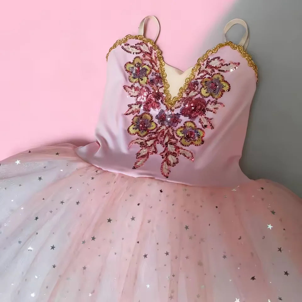 Girls' Ballet Costume - Pink Tulle Skirt with Sequin Flowers for Dance Performances