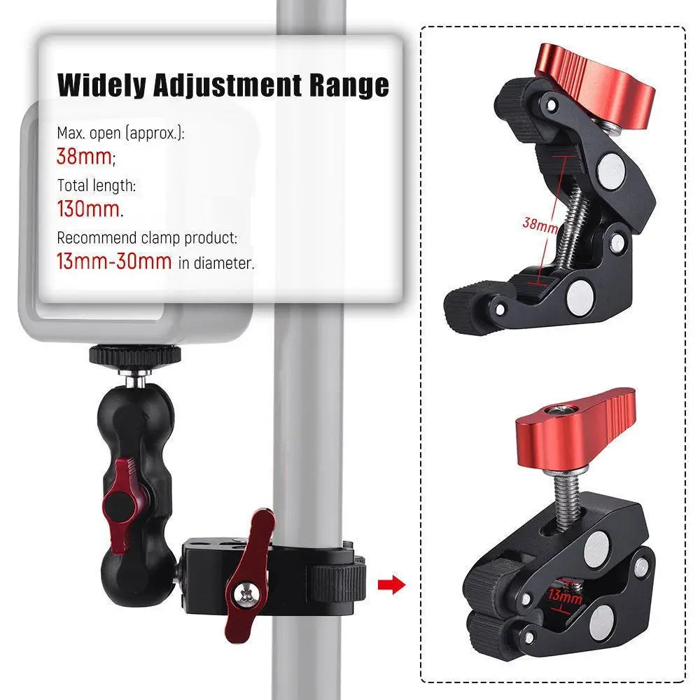 Super Clamp Camera Mount with 360° Ballhead Magic Arm - Double Ball Head Adapter for DSLR, GoPro, LED Lights, & Phone