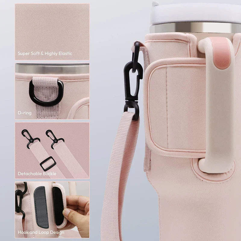 Nuovoware 40oz Water Bottle Carrier Bag: Adjustable Shoulder Strap Holder for Stanley Quencher Mug - Outdoor Travel Companion