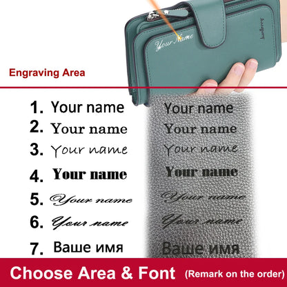 2024 Women’s Long Wallet – Custom Name Engraving, 15 Card Holders & Zippered Classic Purse
