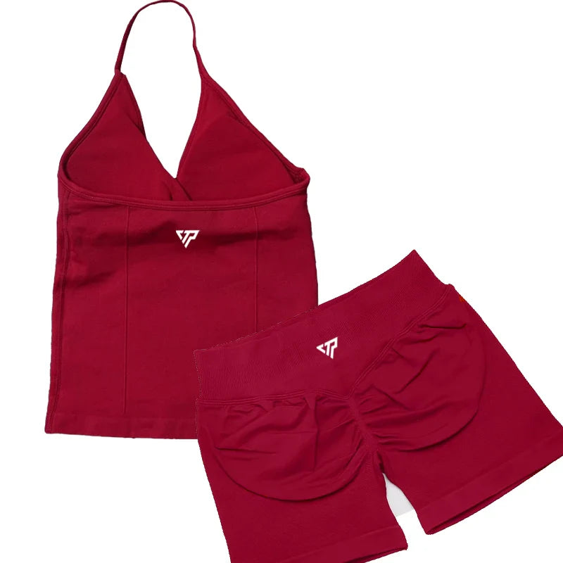 Women’s 2-Piece Yoga Set – Seamless Gym Outfit with Shorts & Lace-Up Sports Bra, High Quality Fitness Activewear Set