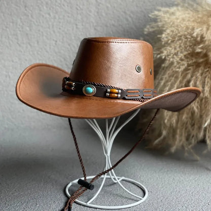 Faux Leather Western Cowboy Hat — Vintage Panama Sombrero Jazz Cap for Men & Women