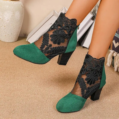 Women’s Spring Lace Boots – Fashion High Heels Ankle Shoes with Round Toe, Plus Size Available