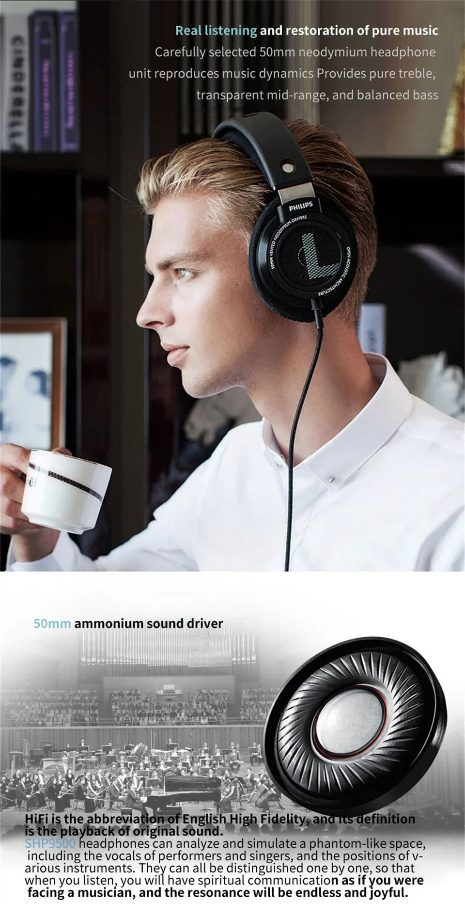 Philips SHP9500 HiFi Stereo Headphones - Wired Earphones for Computer, Online Learning, Esports, 3.5mm/6.3mm Universal Headset
