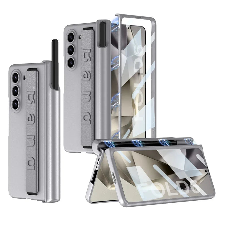 Magnetic Hinge Wrist Strap Case with Pen Slot & Screen Glass for Samsung Galaxy Z Fold 6/5/4/3 – Hard Protective Cover