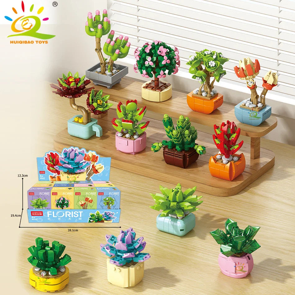 HUIQIBAO MOC Flower & Succulent Potted Building Block Set – DIY Eternal Bouquet, Home Desk Plant Decor, Girls & Kids Toy Gift