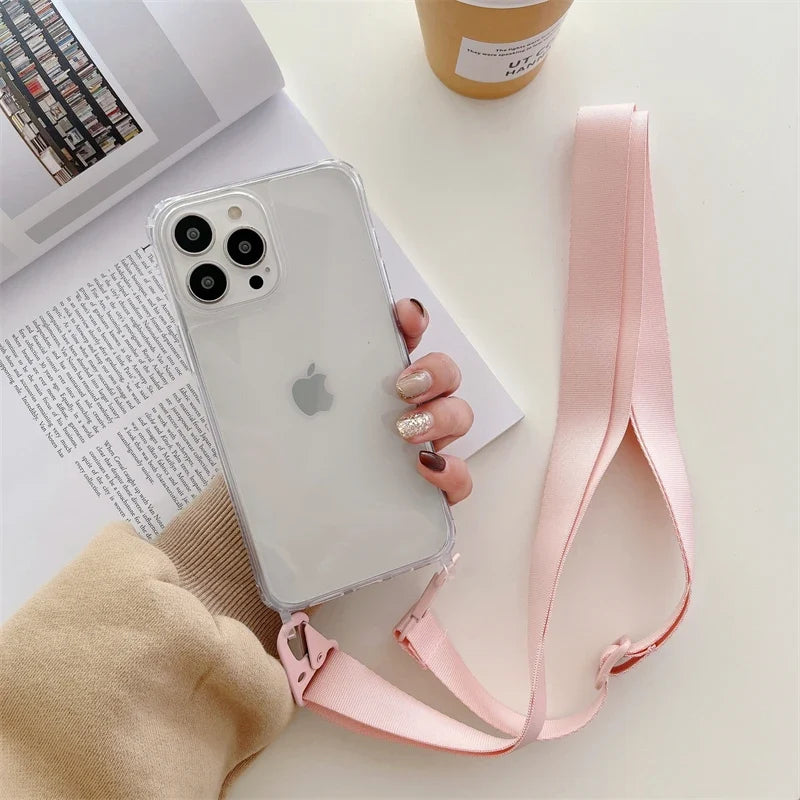 Crossbody Shoulder Strap Phone Case - Transparent Shockproof Cover for iPhone 17 Air, 16, 15, 14, 13 Pro Max & More