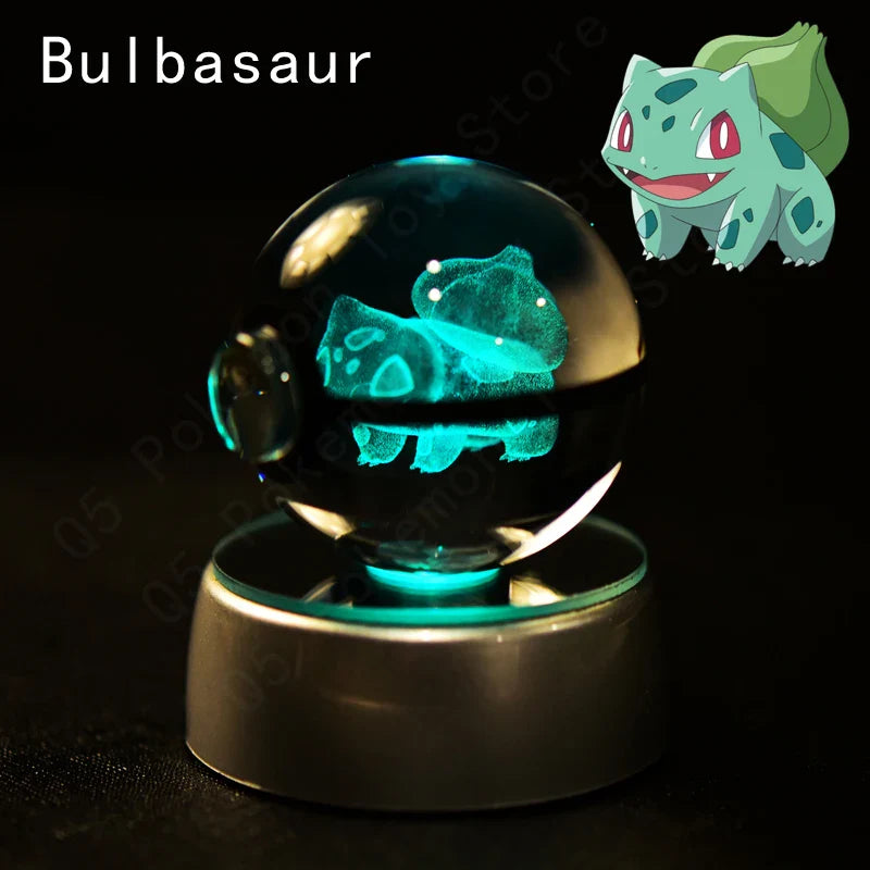 Pokemon 3D Crystal Ball Figurine — Pikachu, Gengar, Mew, Mewtwo Glass Statue with Lamp Base, Kids Birthday Gift