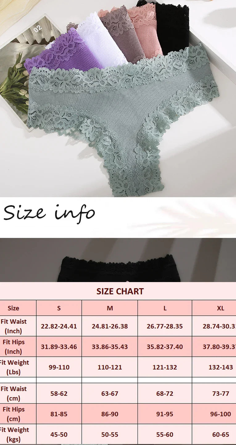 3PCS Lace Seamless Cotton Panties - Ribbed Brazilian Low Waist, Breathable Women’s Underwear, Plus Size Lingerie