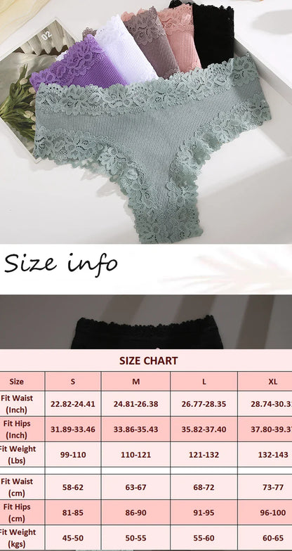3PCS Lace Seamless Cotton Panties - Ribbed Brazilian Low Waist, Breathable Women’s Underwear, Plus Size Lingerie