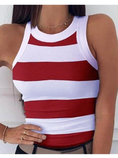 Women’s Summer Elastic Racerback Tank Top – O-Neck Stripe Print Sleeveless Basic Digital Print Sexy Casual T-Shirt