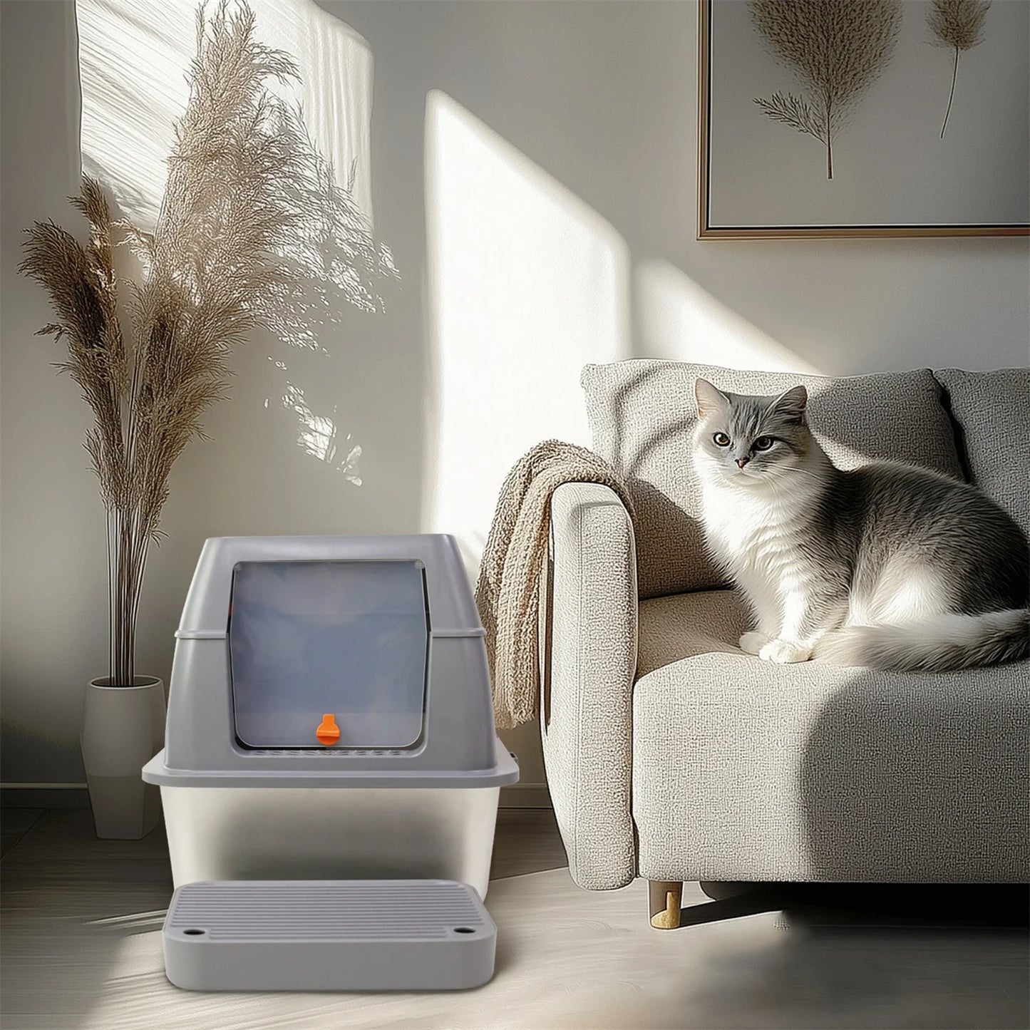 Extra Large Enclosed Stainless Steel Cat Litter Box with Lid – High Wall Metal Litter Pan for Big Cats