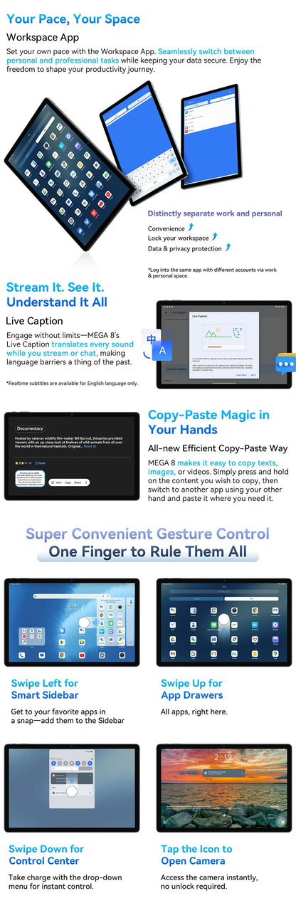 Blackview MEGA 8 Tablet – 13" FHD+ 90Hz Display, 11000mAh, Android 15, 50MP Camera, 4 Speakers, 4G Pad PC