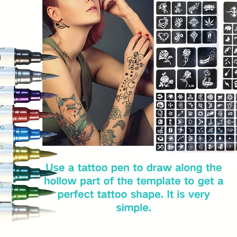 Temporary Skin Tattoo Pen – 10 Colors, Dual-Ended for Bold & Fine Lines, Long-Lasting Body & Face Art