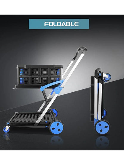 Collapsible Multi-Use Utility Cart — Adjustable Folding Shopping Trolley with Storage Crate, Lightweight Moving Cart
