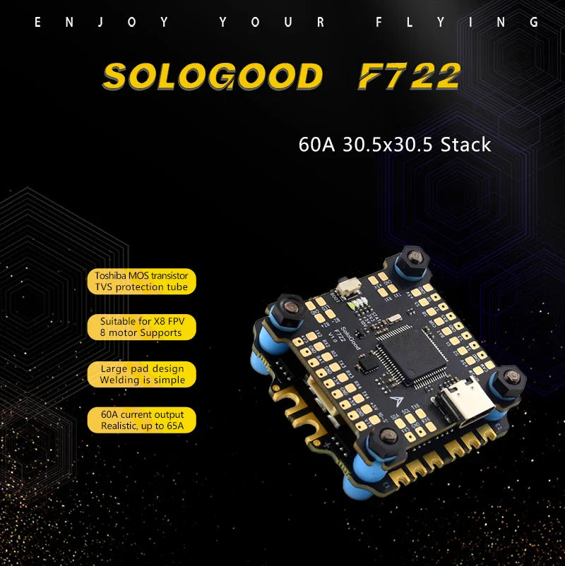 SoloGood F722 Flight Controller with ICM42688P & BLHELI_S 60A 4-in-1 ESC – 30.5x30.5mm 2-6S for FPV Freestyle Drone Parts