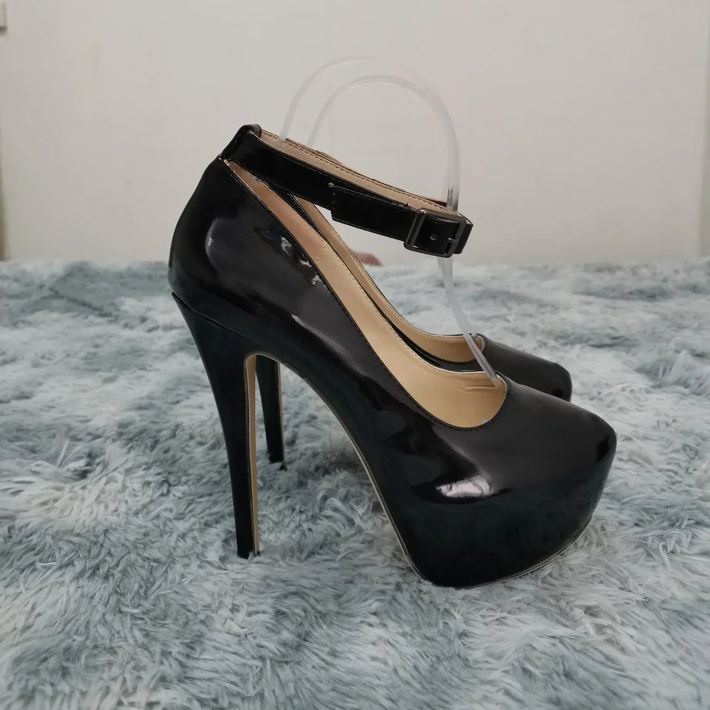 Women’s Patent Leather Stiletto Pumps – 14cm High Heels with Buckle Ankle Strap, Sexy Wedding & Fashion Shoes, Size 44