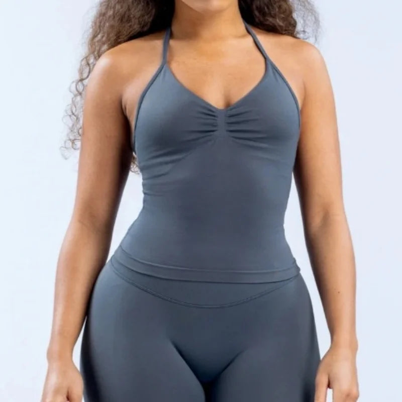 New Impact Sports Yoga Vest - Women's Backless Fitness Top, Built-in Bra with Cups, Scrunch Gym Clothes for Workout