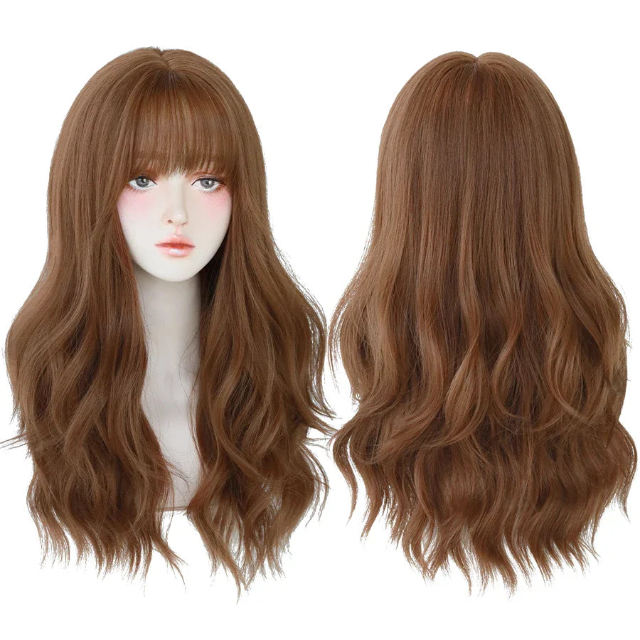 7JHH Brown Ash Long Deep Wave Lolita Wig for Women — Synthetic Hair with Bangs, Thick Curly Fashion Wig