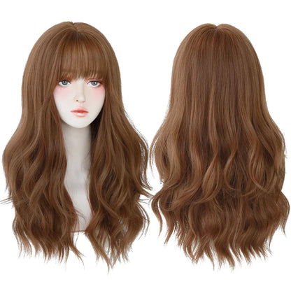 7JHH Brown Ash Long Deep Wave Lolita Wig for Women — Synthetic Hair with Bangs, Thick Curly Fashion Wig