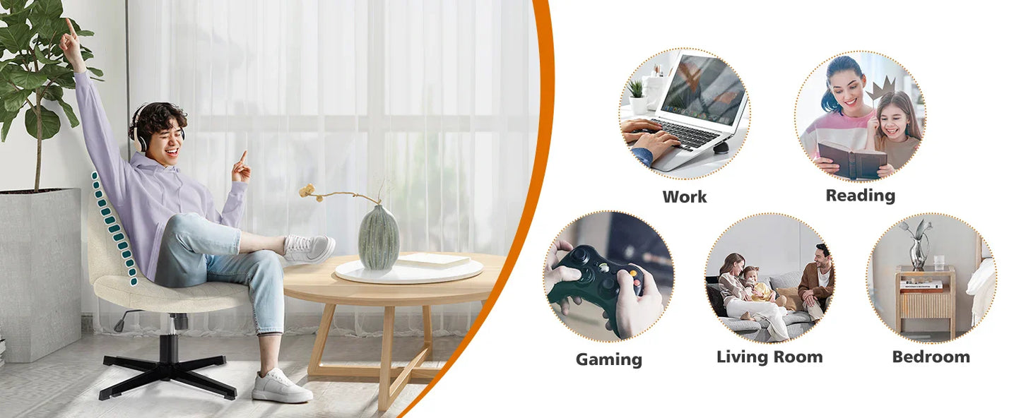 Adjustable Cross Legged Rocking Gaming Chair - Armless Wide Desk Swivel Task Chair for Home Office and Living Room