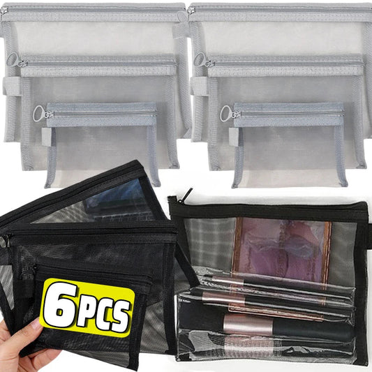 1/3PCS Black Mesh Clear Cosmetic Bag Set Portable Travel Makeup Toiletry Organizer Pouch Storage Case