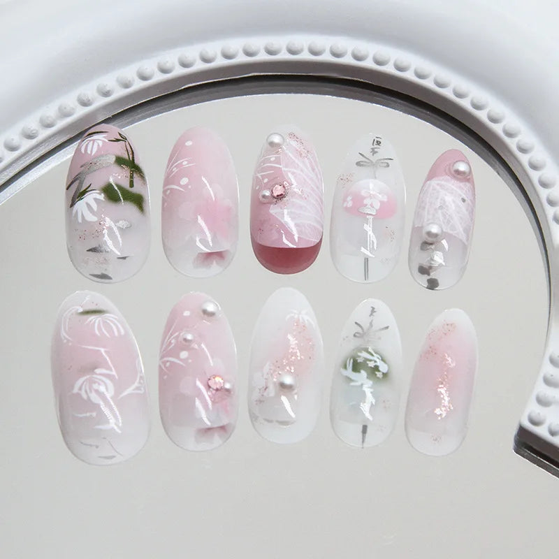 24PCS Pink Almond Press On Nails - Butterfly Ballet French Design Artificial Nail Tips for Stylish Nail Art