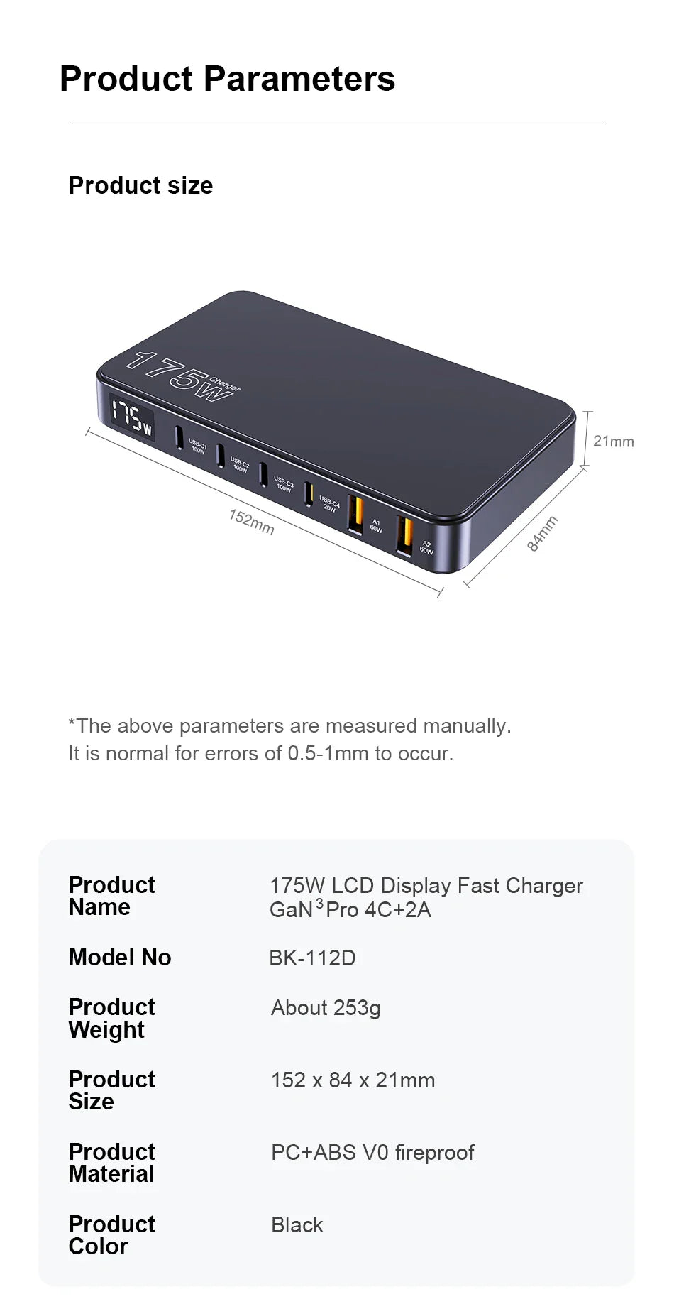 Ueetop 175W GaN USB-C Charger – 6-Port Desktop Charger with LED Display, PD 100W, PPS 45W Fast Charging for MacBook, Samsung, iPhone