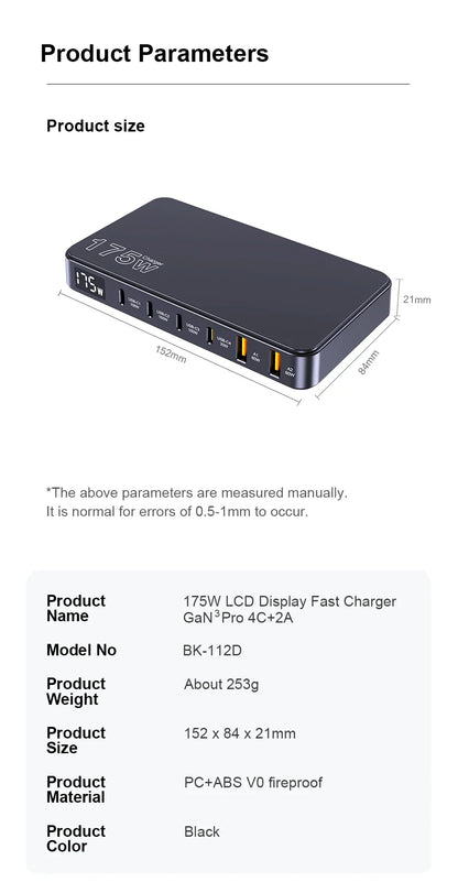 Ueetop 175W GaN USB-C Charger – 6-Port Desktop Charger with LED Display, PD 100W, PPS 45W Fast Charging for MacBook, Samsung, iPhone