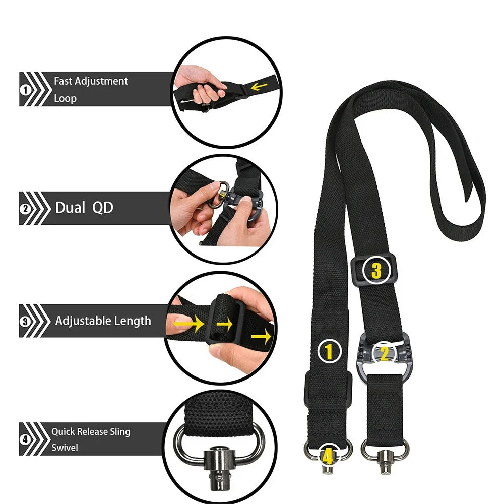 Adjustable MS4 Rifle Sling — QD Metal Swivel, 2-Point Tactical Nylon Strap for Airsoft, Hunting & Multi-Mission Weapon Use