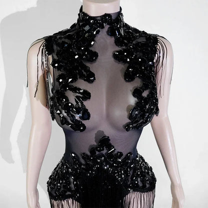 Sexy Shiny Silver Sequin & Black Spandex Jumpsuit — 2025 Women’s Prom, Dancer & Stage Performance Costume