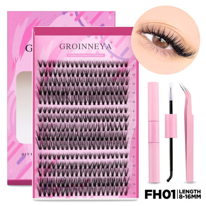 GROINNEYA DIY Lash Extension Kit – Cluster & Individual Lashes Set with Lash Bond & Seal for At-Home Eyelash Extension Makeup
