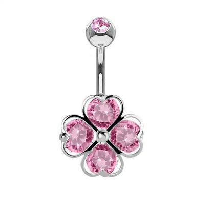 Pink Crown Belly Button Ring – Stainless Steel Heart Navel Piercing Barbell with Crystal for Women & Girls