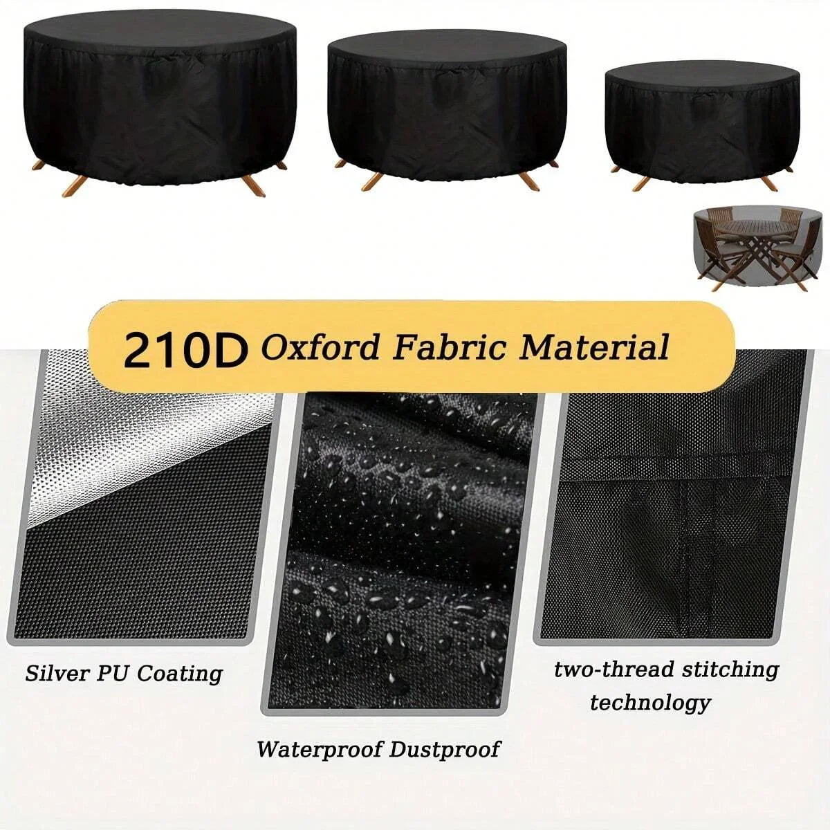 Waterproof Round Patio Furniture Cover – UV & Wind Resistant, Dustproof Outdoor Table & Chair Protector, Black, Rain & Snow