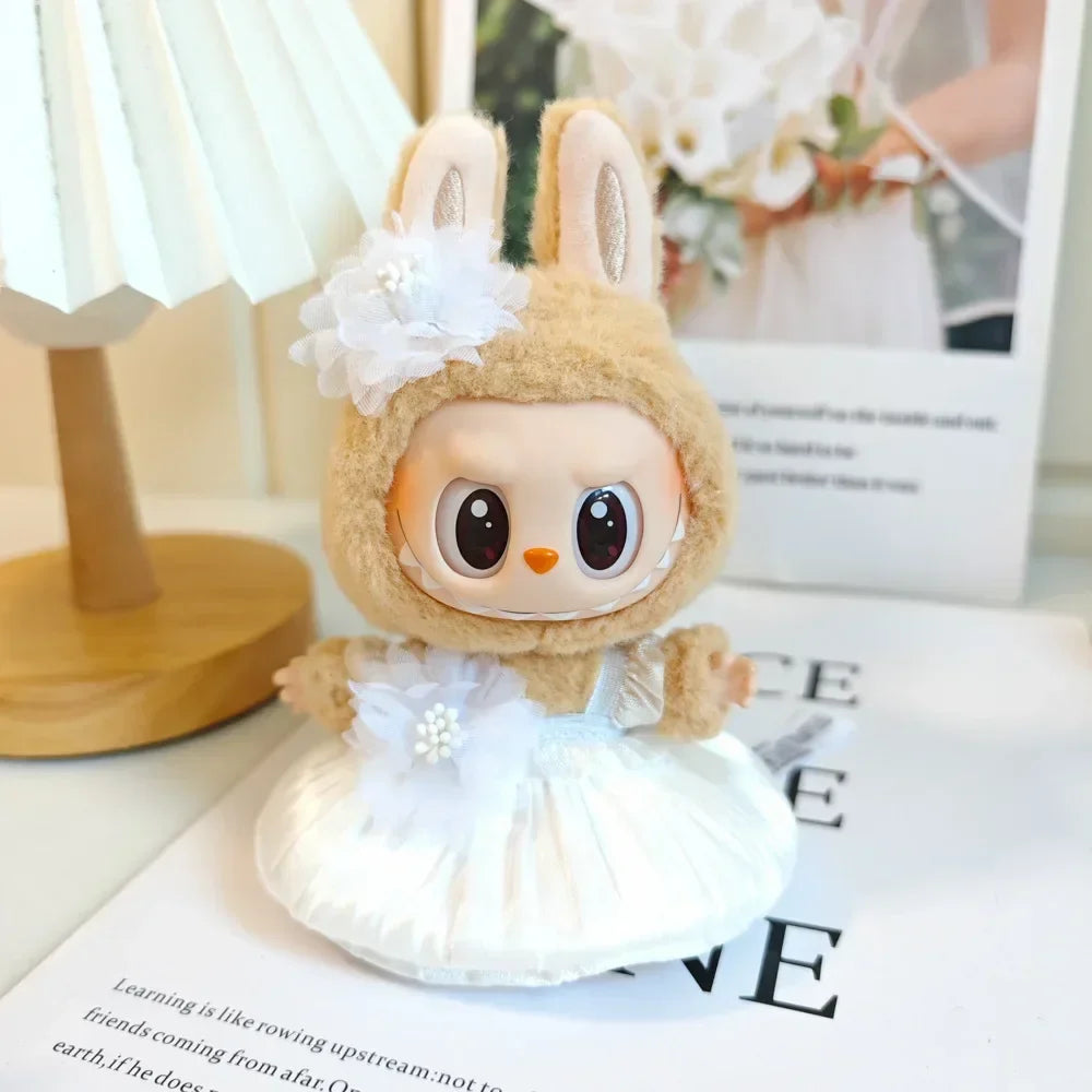 Mini Plush Doll Clothes Bud Skirt with Pearl Hair Accessory — Labubu I & II Kpop Idol Doll DIY Outfit Gift