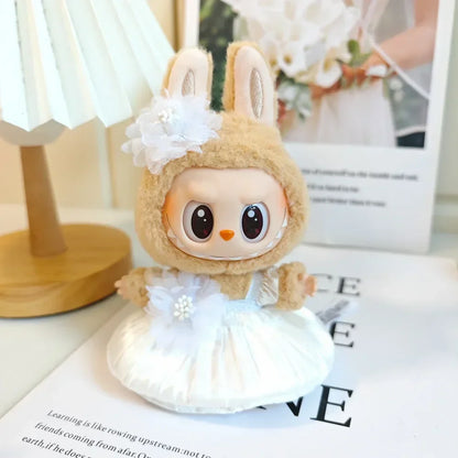 Mini Plush Doll Clothes Bud Skirt with Pearl Hair Accessory — Labubu I & II Kpop Idol Doll DIY Outfit Gift