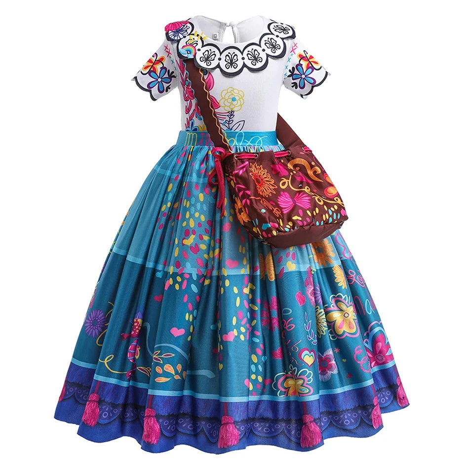 Girls Encanto Princess Costume Dress - Mirabel Printed Flared Halloween Cosplay Outfit for Kids 3-12Y