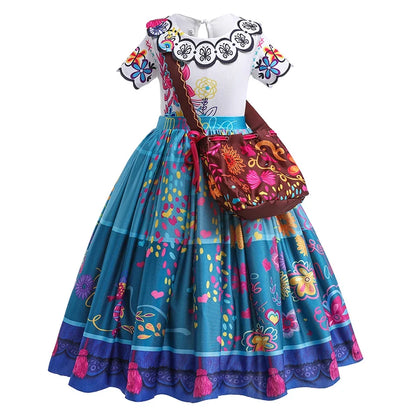 Girls Encanto Princess Costume Dress - Mirabel Printed Flared Halloween Cosplay Outfit for Kids 3-12Y