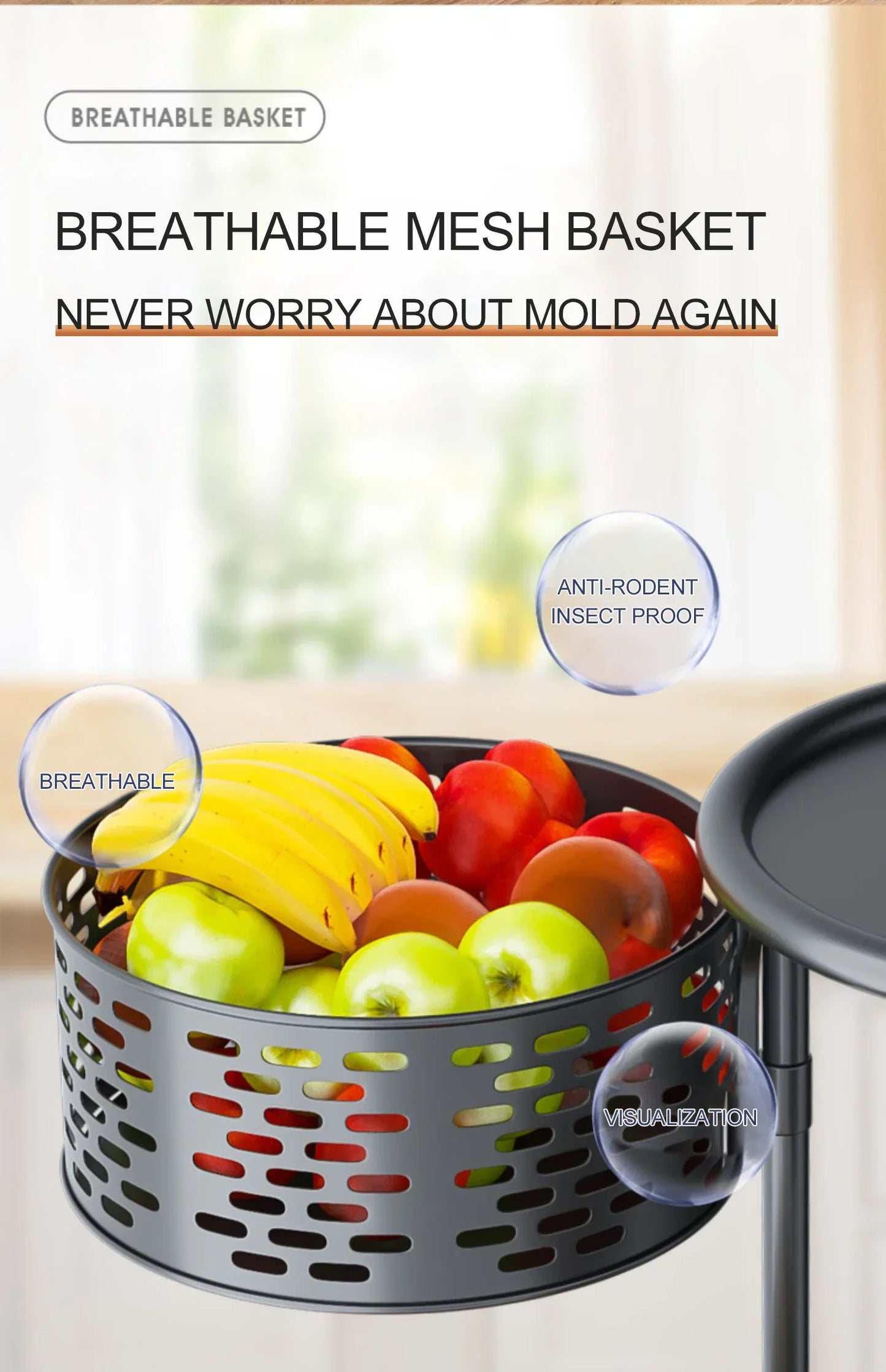 5 Layer Stainless Steel Rotating Shelf - Kitchen & Bathroom Storage Baskets, Fruit & Vegetable Rack with Wheels