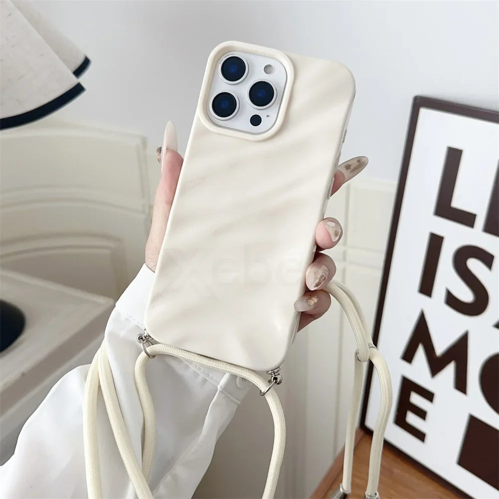 Glossy Wave Ripple Crossbody Lanyard Phone Case for iPhone 17/16/15 Pro Max Air 14 13 12 11 XR X 8 7 - Soft Silicone Protective Cover with Strap