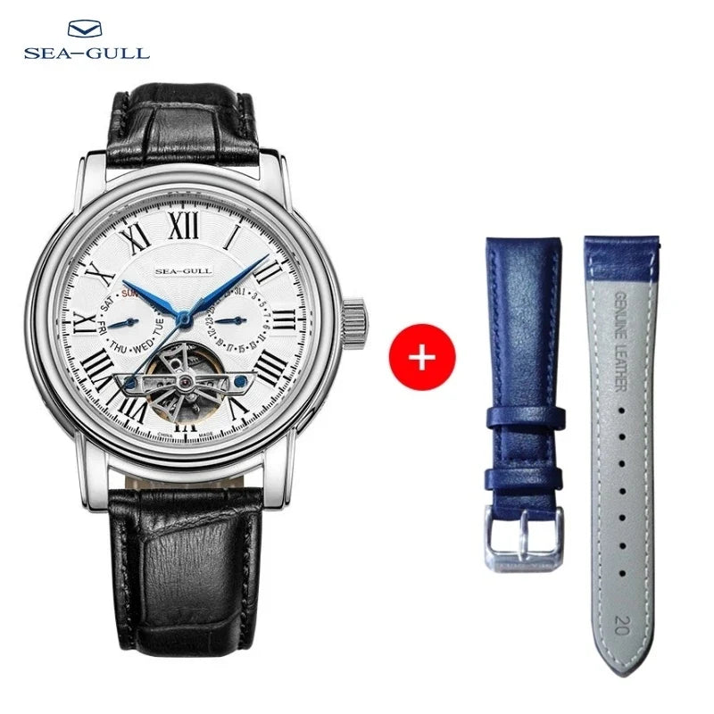 Seagull Men’s Automatic Mechanical Watch - Multi-Function Hollow Flywheel Business Wristwatch